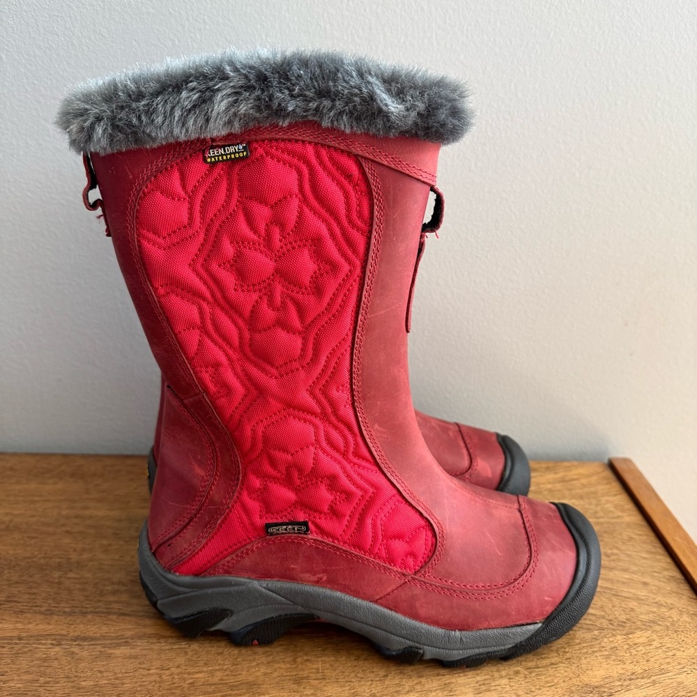 Keen Red Winter & Rain Boots with Gray Faux Fur Trim